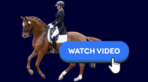 A person in formal riding attire performs pirouettes on a brown horse. In front, a large blue button with the text WATCH VIDEO and a hand cursor appears. The background is dark blue.