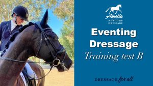 A rider in formal attire sits on a dark horse outdoors, both looking calm. Text reads: “Amelia Newcomb Dressage. Eventing Dressage Training test B. Competition Courses and dressage for all,” with a white horse logo above.