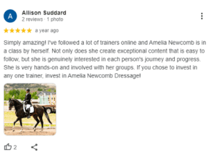 A review by Allison Suddard praises Amelia Newcomb Dressage. Below the text, a woman rides a black horse in an outdoor arena—perhaps perfecting skills from the Sitting Trot Challenge—with a white fence and trees in the background.
