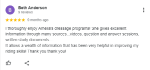 A Google review by Beth Anderson gives 5 stars and praises Amelia’s dressage programs, including the Sitting Trot Challenge, for thorough videos, Q&A sessions, and documents—highlighting improved riding skills and heartfelt gratitude.