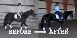 Side-by-side photos of a person riding a black horse indoors, labeled Before and After, highlight improved horse posture and rider position after participating in the Riding Bootcamp 2024.