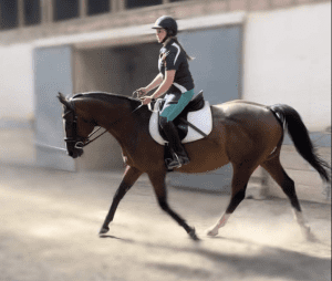 A person in a helmet and riding attire participates in a Riding Bootcamp, riding a brown horse with a white saddle in an outdoor arena, the blurred background suggesting motion.