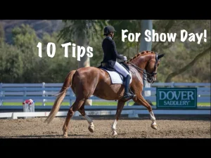 A rider in formal attire sits on a brown horse performing dressage in an outdoor arena. White text reads 10 Tips For Show Day! and a green Dover Saddlery sign is visible—perfect dressage show tips for your next competition.