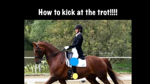 A rider in formal equestrian attire trots on a brown horse during a dressage event. The image features text at the top reading How to kick a horse at the trot!!!! and colored dots highlight the rider's legs.