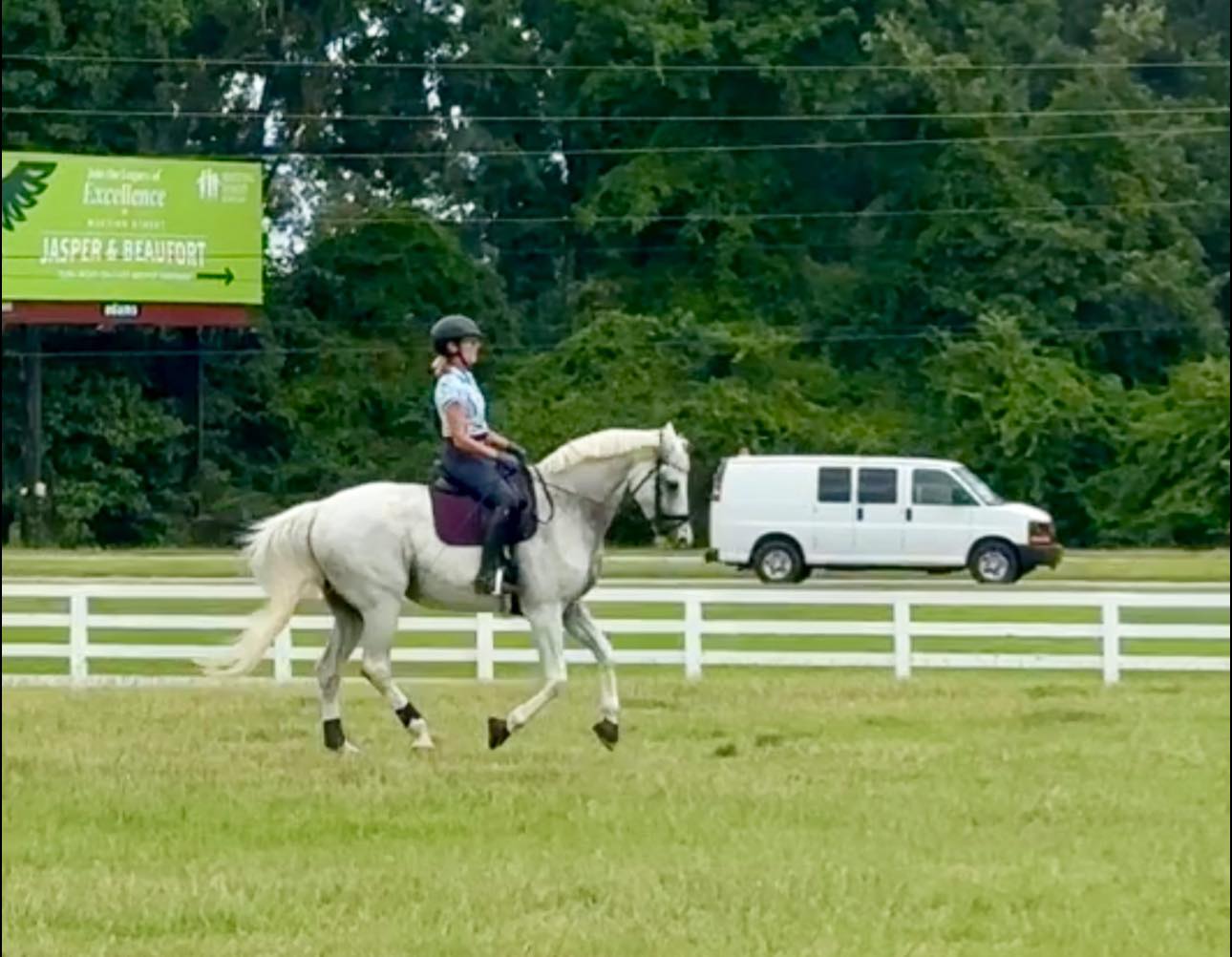 A person in a helmet and riding gear is riding a white horse in a grassy field near a white fence. In the background, there is a white van on the road and a green billboard with trees behind it.