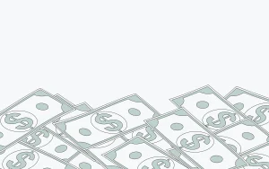 A pile of illustrated paper money with dollar signs on each bill, labeled "V1," spread across the bottom of the image against a plain white background.