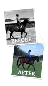 Two photos show a person riding a horse. The top, black-and-white image labeled BEFORE shows the rider and horse in an arena. The bottom, color image labeled AFTER—part of 30 Days to Round 2024—shows them on grass with improved posture.
