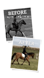 Two photos show a rider on a horse. The top black-and-white photo labeled BEFORE shows the pair indoors. The bottom color photo labeled AFTER—taken during the 30 Days to Round 2024 program—shows them outdoors, with the horse moving more energetically.