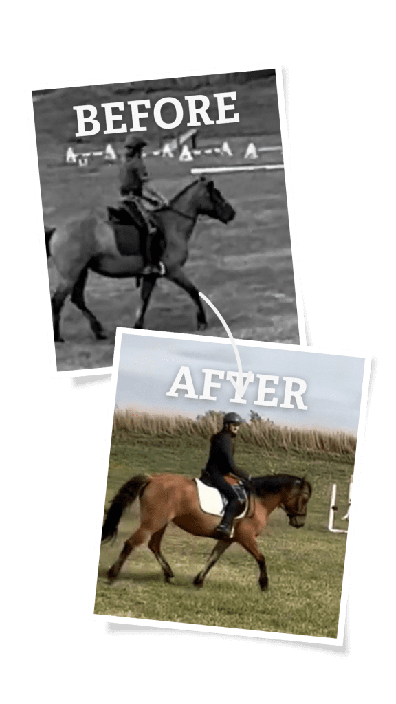 Two photos show a rider on a horse. The top black-and-white photo labeled BEFORE shows the pair indoors. The bottom color photo labeled AFTER—taken during the 30 Days to Round 2024 program—shows them outdoors, with the horse moving more energetically.
