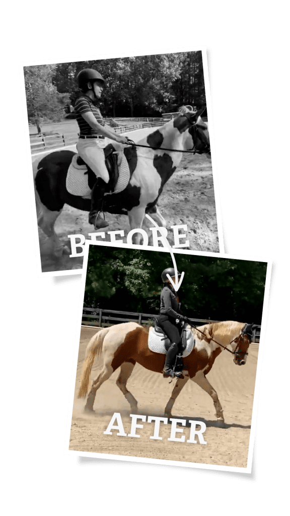 Two photos of a person riding a horse: the top image is black and white labeled BEFORE, the bottom is in color labeled AFTER, showing improved posture in an outdoor arena—perfect inspiration as you consider pre-enrollment for Round 2024.