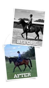 Two photos show a rider and horse during the 30 Days to Round 2024 challenge. The top black-and-white "BEFORE" image shows tension, while the bottom color "AFTER" image captures a relaxed pair on green grass.