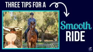 Image with text: Three tips for a better ride. Features a smiling person riding a horse, plus an inset of them holding a fan and helmet. The dark blue background with decorative arrows highlights ways to improve balance while riding.