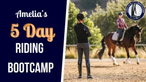 A riding instructor watches a horseback rider practice in an outdoor arena. Text on the left reads Amelias 5 Day Riding Bootcamp 2025, with a logo of a horse and rider in the top right corner and Bootcamp Replays available.