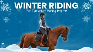 A person in winter riding gear sits on a brown horse against a snowy, blue background. Text reads: WINTER RIDING: Five Consistency Tips to Keep Making Progress. Snowflakes and snowdrifts are also visible.