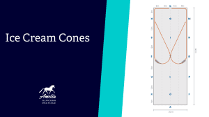 A dark blue and teal graphic reads Ice Cream Cones with a horse logo. Next to it, a diagram from Amelia's exercises shows two V-shaped paths in an arena, labeled with letters and measurements—perfect for new training exercises.