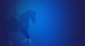 A person riding a horse, both in dressage attire, are shown in profile on a blue gradient background with a subtle grid overlay, illustrating ideal Rider Position Blueprint and leaving ample empty space to the right.
