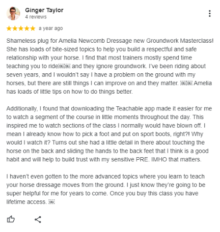 A user named Ginger Taylor shares a five-star review of Bite-Sized Topics, praising its horse-safe approach and ease of learning horse groundwork, and recommends it for improving the bond with your horse.