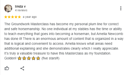 A five-star review from linda v praising the Groundwork Masterclass and Amelia Newcomb for clear, organized, and logical horsemanship teaching, calling it a valuable resource and foundation for horse training.