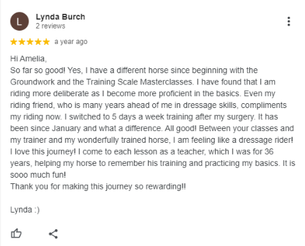 A review from Lynda Burch praising improvements in her dressage skills and enjoyment from horse training classes. She thanks her trainers and describes her progress and positive experience after an injury.
