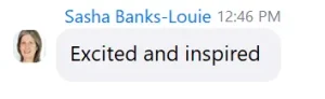 A chat message from Sasha Banks-Louie at 12:46 PM reads, Excited and inspired after Free Rider Training. Sasha's profile picture appears to the left of the message.