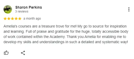 Google review by Sharon Perkins giving 5 stars, praising Amelia’s courses as a treasure trove for inspiration and learning, and expressing gratitude for the detailed and accessible content.