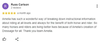 A Google review by Russ Carlson gives five stars and praises Amelia for breaking down instructional information on riding for all levels, benefiting both horse and rider, and thanks the team for their work.