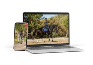 A smartphone and a laptop display images of people riding horses outdoors with Canter V1; the phone shows a rider on a sandy area, while the laptop’s Open Page features a rider on a dark horse in an arena.