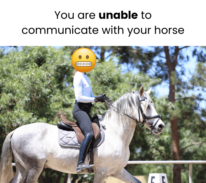A person riding a white horse with a nervous emoji covering their face. Text above reads, You are unable to communicate with your horse. Trees and an arena marker are in the background.