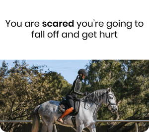 A person wearing a helmet and riding gear sits on a gray horse in an outdoor area, with trees and a fence in the background. The text above reads, You are scared you’re going to fall off—discover the Rider Position Blueprint.