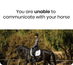 A person wearing a helmet rides a black horse outdoors, with green trees in the background. Text above reads, You are unable to communicate with your horse—discover the Rider Position Blueprint for better connection.