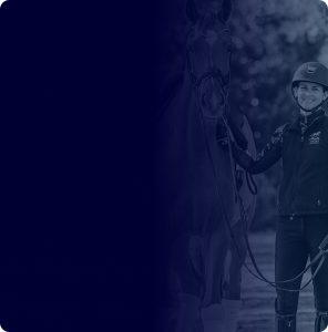 A woman in a helmet and vest stands beside a saddled horse, holding its reins. The left half is darkened with a navy overlay, while the right shows the Rider Position Blueprint in black and white with the woman and horse.