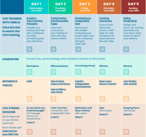 A colorful, 5-day Bootcamp schedule for an equestrian training event, featuring daily live trainings, homework hashtags, links to videos, and live stride sessions—each day highlights a different horse-riding skill and Next Steps for improvement.