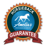 A circular badge with an orange sunburst edge reads HORSIEBACK at the top and GUARANTEE on a red ribbon bottom. The center features a horse graphic, text Amelias Dressage Academy, and highlights the importance of Rider Position.