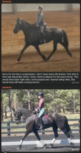 Top: Blurry indoor photo of a person riding a black horse at a trot. Bottom: Clear outdoor photo of the same rider and horse mid-trot in a pine forest—scenes reminiscent of Amelia's Dream Circle, capturing freedom and connection.