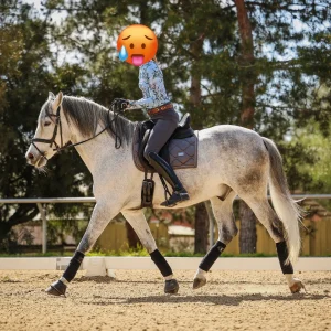 A person with an exhausted emoji face rides a gray horse in an outdoor arena, wearing a blue patterned shirt, helmet, and riding boots. Trees and a fence frame the backdrop at the 30 Days to Round 2025 with Oli B.