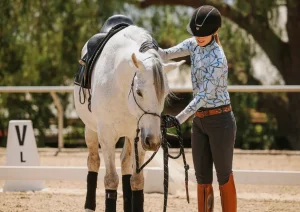 A person in riding gear gently pats the neck of a white horse with excellent ground manners, wearing a saddle and bridle in an outdoor arena, with trees and a sign marked V L visible in the background.