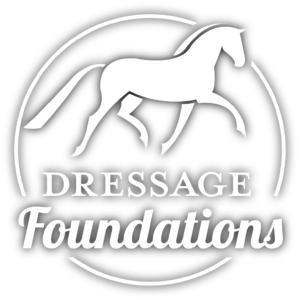 A white silhouette of a trotting horse inside a partial circle above the words Dressage Foundations in bold, elegant fonts on a black background—perfect for a dressage training sale page.