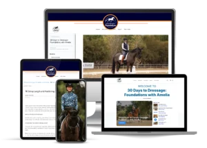 Four devices display the 30 Days to Dressage: Foundations with Amelia Sale Page, featuring images of a woman riding a horse and Dressage Foundations course content on computer, tablet, and mobile screens.