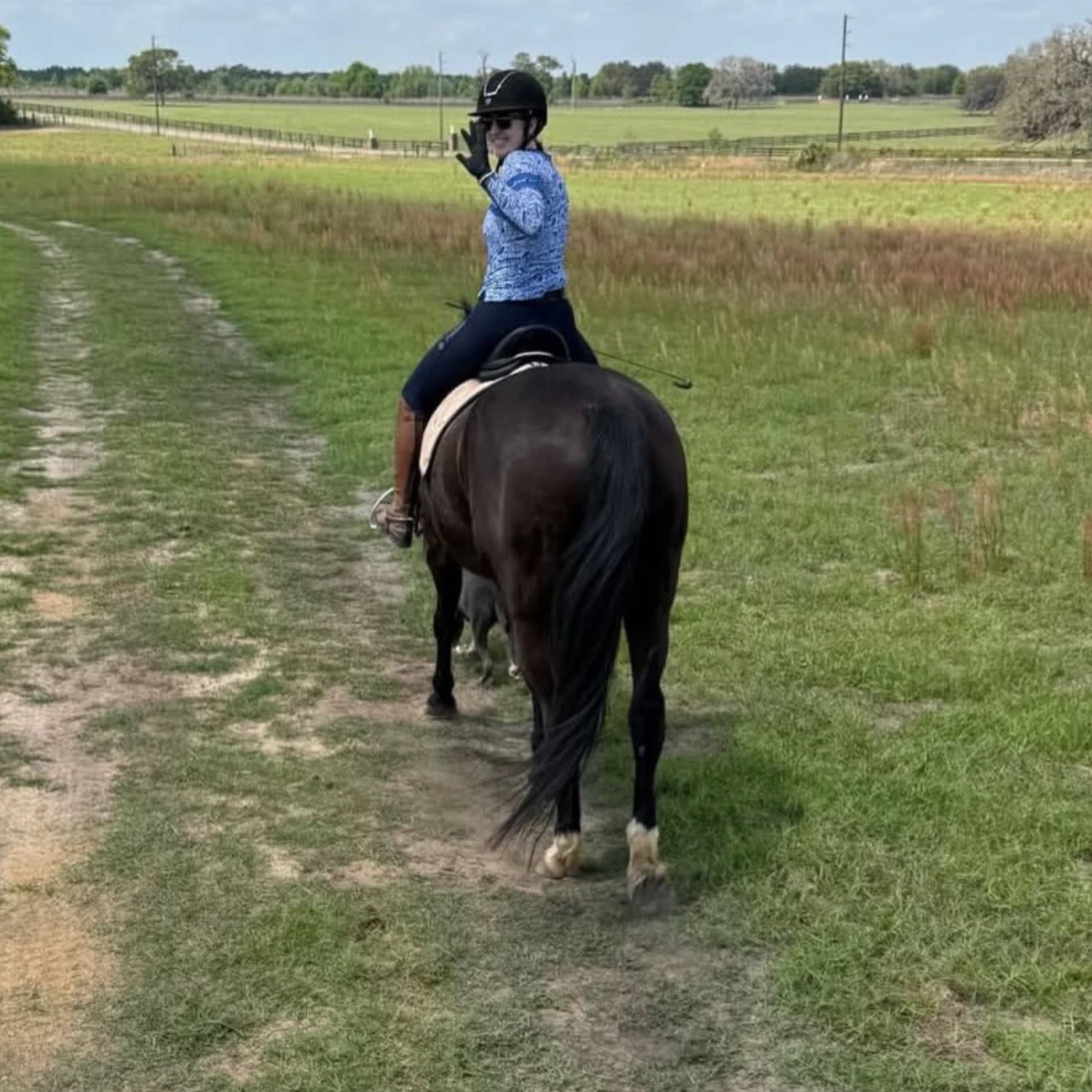 A person wearing a helmet, sunglasses, and a blue patterned shirt rides a dark horse along a grassy trail, waving back at the camera on a sunny day in an open field.