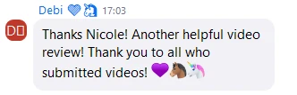 A Facebook comment from Debi with a blue heart emoji says: Thanks Nicole! Another helpful video review! Thank you to all who submitted videos! followed by a purple heart, horse, and unicorn emoji.