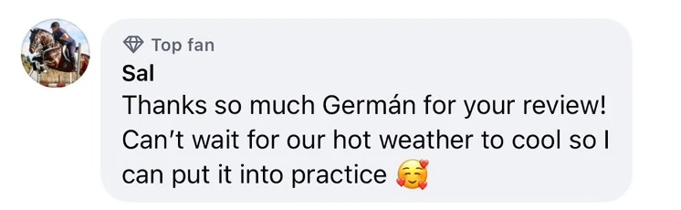 A Facebook comment from a user named Sal, who thanks Germán for a review and mentions they cant wait for the hot weather to cool so they can put it into practice, ending with a smiling face with hearts emoji.