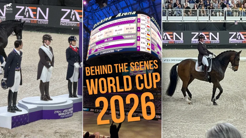 Three images highlight the action: equestrian award ceremony on a podium, scoreboard inside an arena, and a rider performing dressage. Overlaid text reads: “BEHIND THE SCENES WORLD CUP 2026.” Spectators appear in the background.