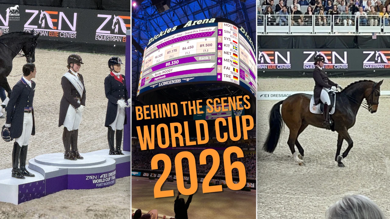 Three images highlight the action: equestrian award ceremony on a podium, scoreboard inside an arena, and a rider performing dressage. Overlaid text reads: “BEHIND THE SCENES WORLD CUP 2026.” Spectators appear in the background.