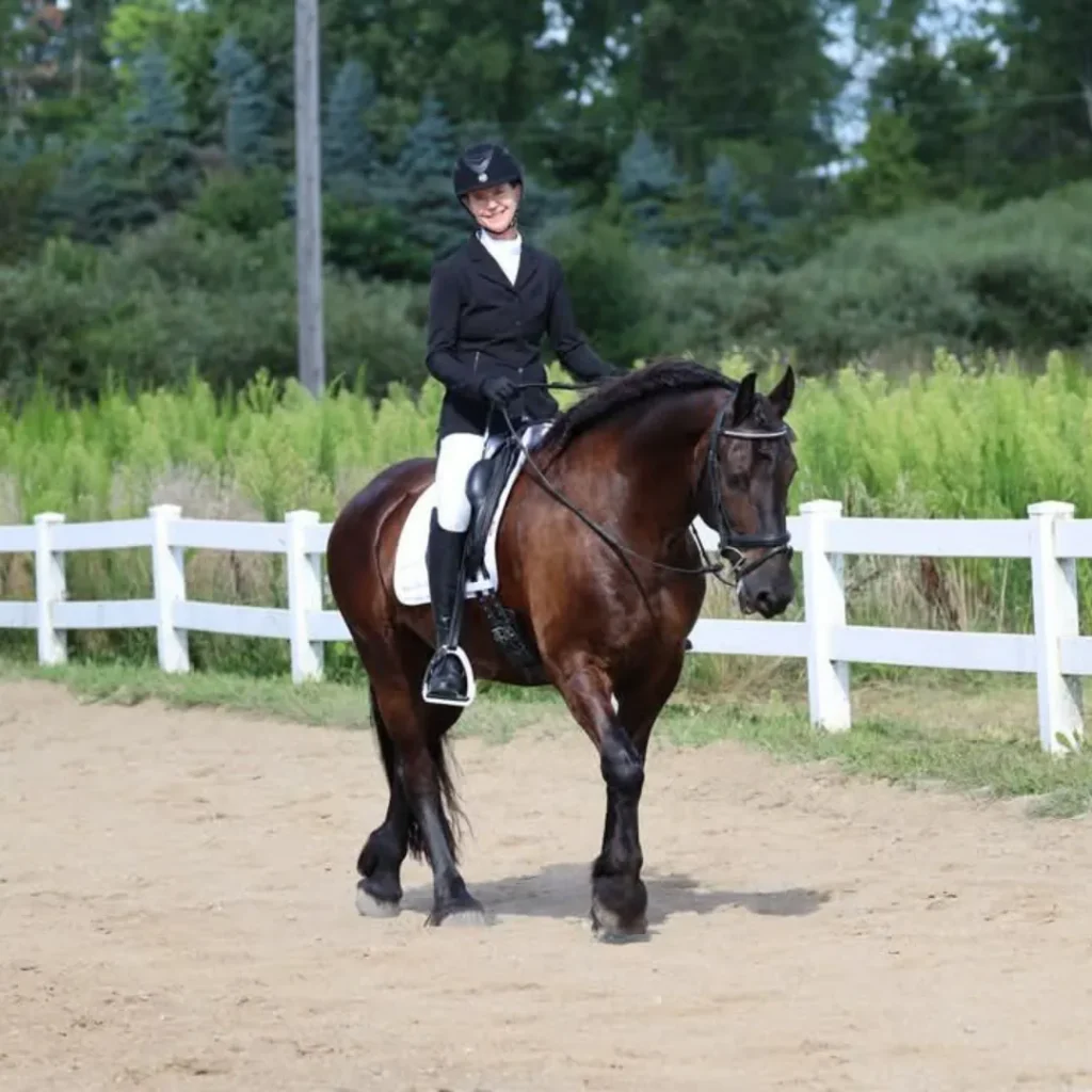 Amelia Newcomb in professional dressage attire rides a bay horse performing a collected trot in an outdoor arena with white rails.