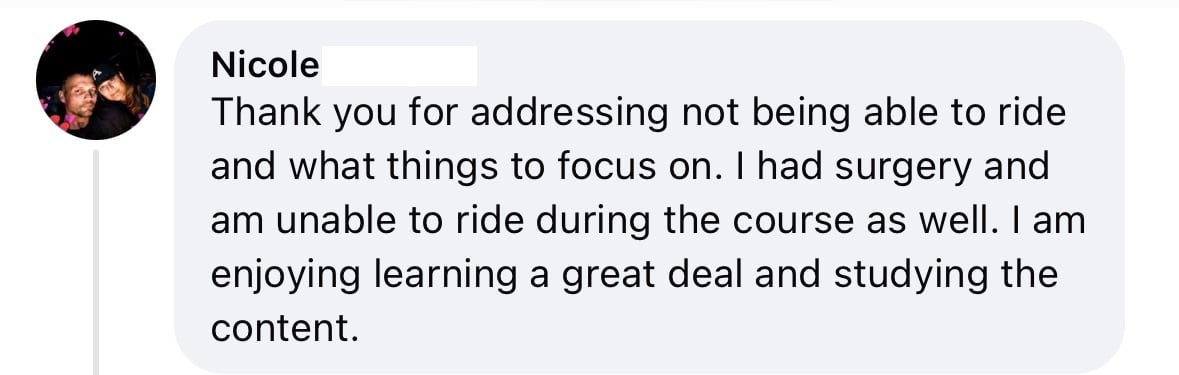 A Facebook comment from Nicole with a small profile photo. Nicole thanks someone for addressing not schooling movements after surgery and enjoys studying training content.