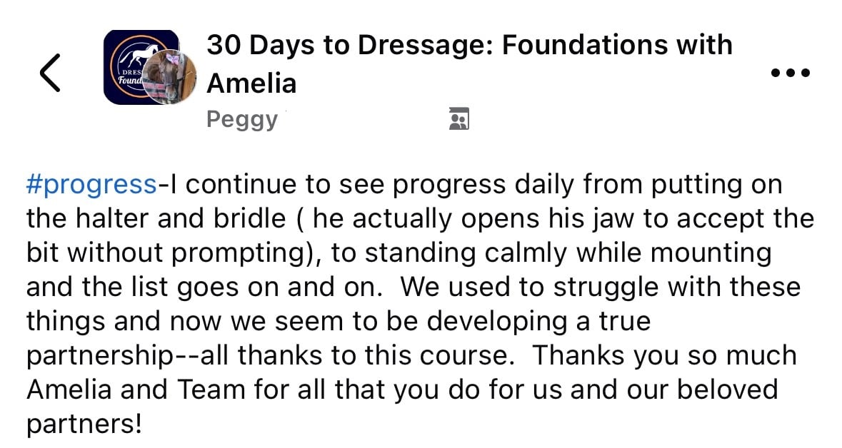 A post from Peggy in 30 Days to Dressage: Foundations shares her bay gelding’s improved shoulder-in, thanking Amelia & team.