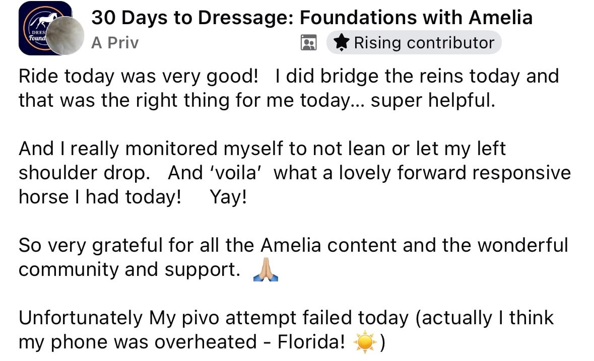 A Facebook post shows a rider describing successful lateral work on a bay horse, praise for the dressage community, and a missed training video due to an overheated phone in Florida.