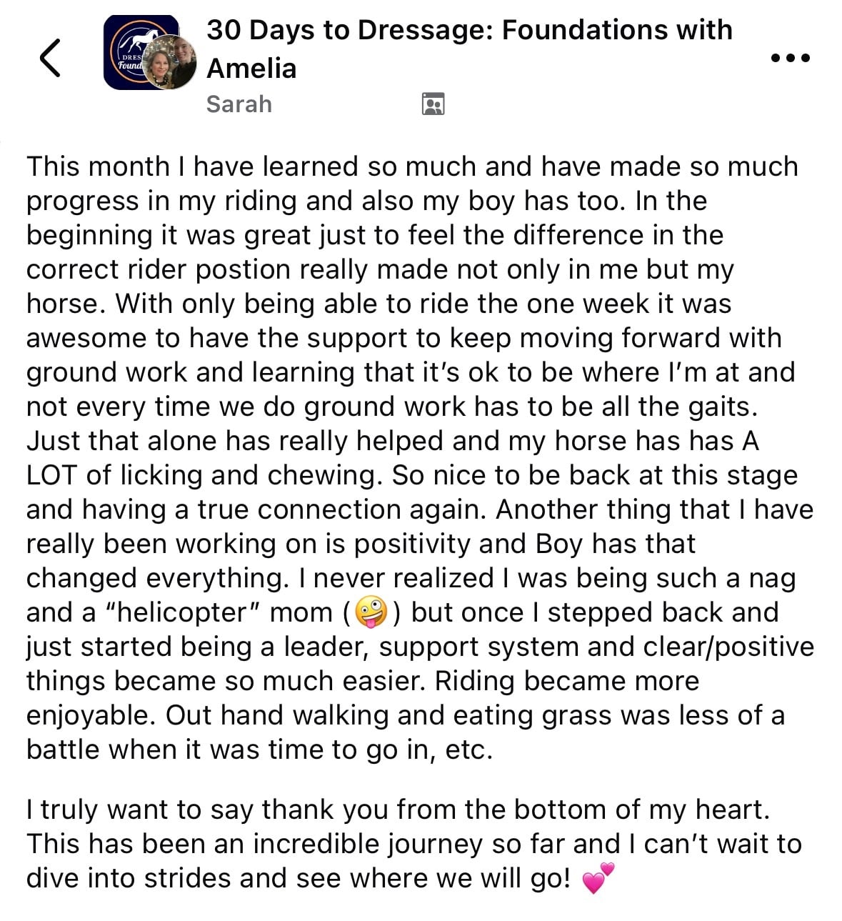 A 30 Days to Dressage post by a student shares progress with improved sitting trot and contact, expressing gratitude. Pink heart emoji.