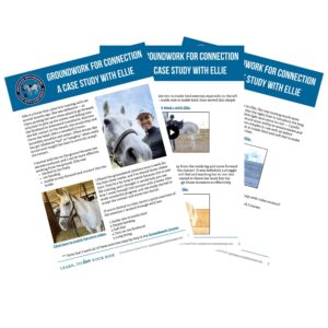 Three pages of an equestrian case study titled Groundwork for Connection: A Case Study with Ellie, featuring a student working with a grey horse through groundwork exercises such as in-hand lateral movements and yielding the quarters. The pages display instructional text, blue section headings, and embedded video links demonstrating correct rein handling and posture. This resource is essential for those preparing for the upcoming Groundwork 07/2026 Webinar, presenting practical examples of classical groundwork to deepen understanding and refine communication between horse and handler.