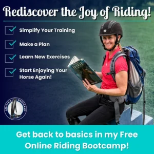 Amelia smiling casual equestrian attire and helmet sits on a bench, engrossed in a book about horse training. The promotional text highlights a free online Dressage bootcamp designed to simplify training approaches, provide focused planning strategies, introduce new exercises including the leg yield and other lateral movements, and rekindle enjoyment in riding—ultimately aimed at enhancing suppleness through improved flexion and straightness, while building confidence for both rider and horse regardless of discipline or experience level.